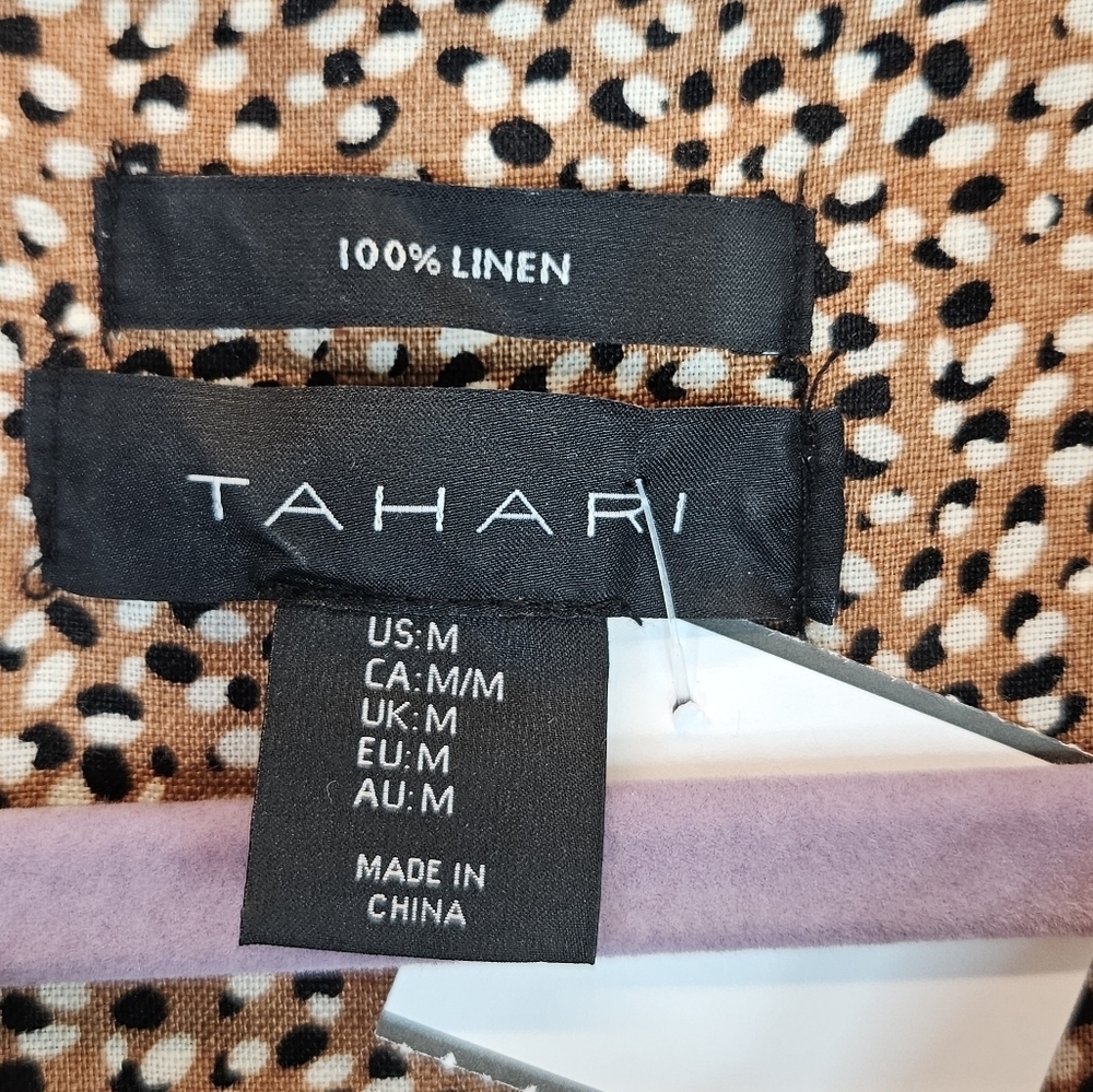 Tahari White Black Brown Print 100% Linen Buttondown Shirt Dress Sz M - Picture 6 of 10